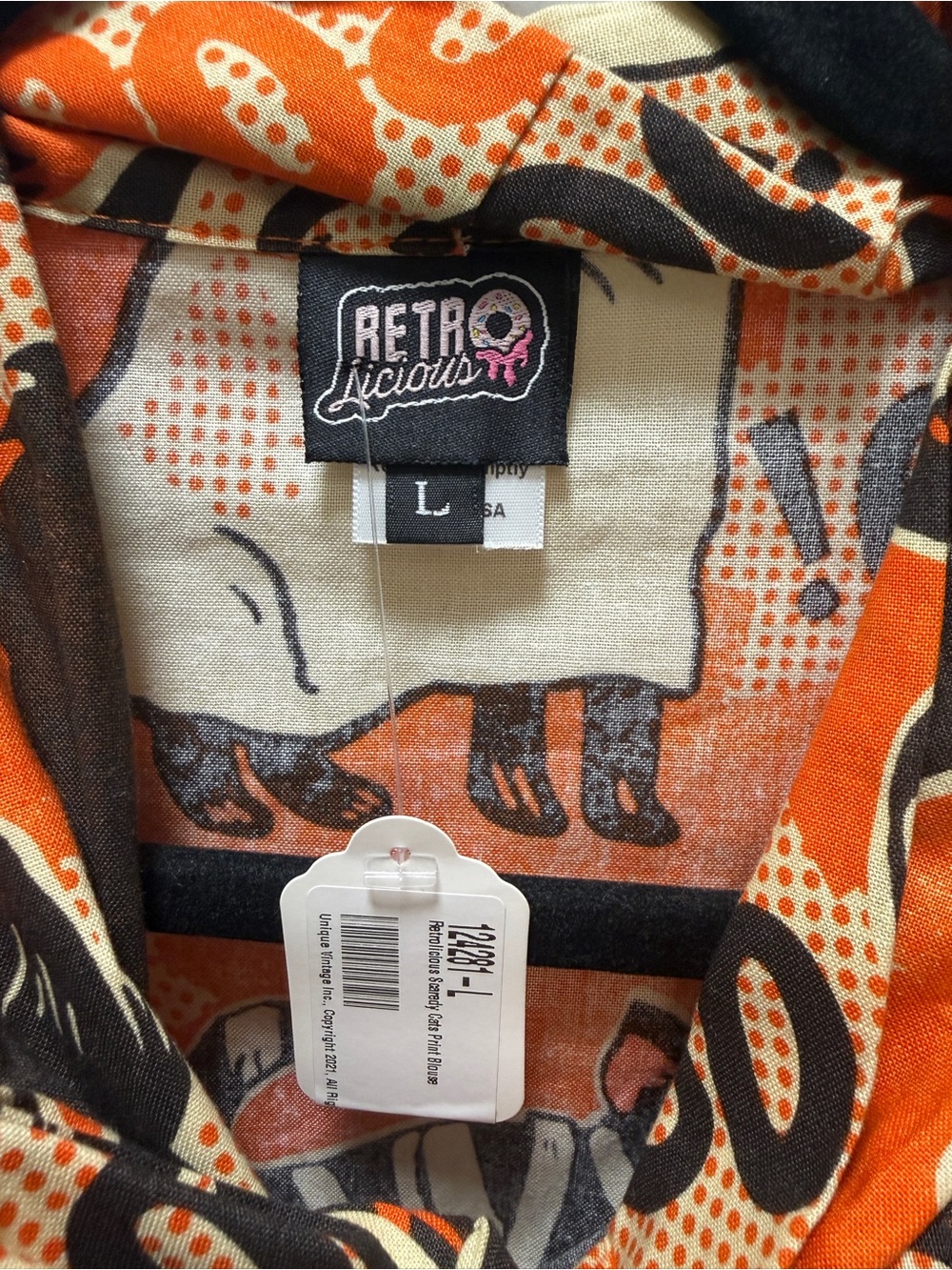 Retrolicious Orange Halloween Cats Tie-Neck Top - Picture 3 of 3